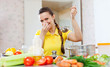   woman holding her nose because of bad smell from food