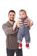 Father lifting baby. Isolated people over white.