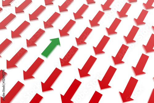 Illustration: Green arrow in contrast of many red arrows Green arrow in contrast of many red arrows