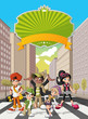 hipster cartoon young people in the street of downtown city