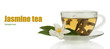 Cup of green tea with jasmine flowers isolated on white