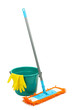 Mop, plastic bucket and rubber gloves, isolated on white