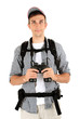 Young hiker man tourist with binocular, isolated on white
