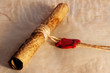 Ancient parchment scroll with wax seal and twine