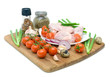 fresh vegetables, quail eggs and raw chicken wings isolated on w