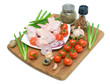 raw chicken wings, vegetables and eggs on a white background