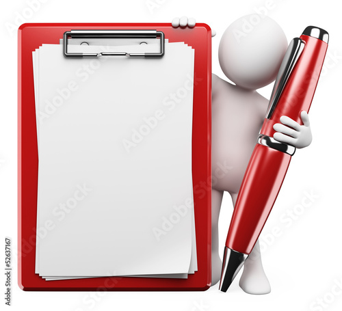 Illustration: 3D white people. Pen and clipboard 3D white people. Pen and clipboard
