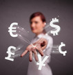 Young lady throwing currency icons