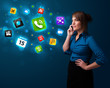 Young woman calling by phone with various icons