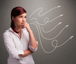 Attractive teenager looking at multiple curly arrows