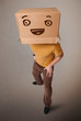 Young man gesturing with a cardboard box on his head with smiley