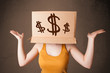 Young girl gesturing with a cardboard box on his head with dolla