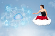 Photo: Happy woman sitting on cloud with cloud computing Happy woman sitting on cloud with cloud computing