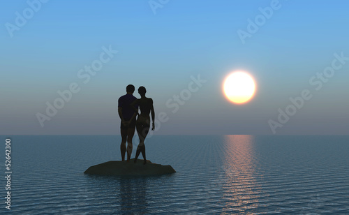 Illustration: Young couple at the beach watching the moonrise Young couple at the beach watching the moonrise