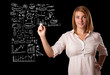 Woman drawing business scheme and icons on whiteboard