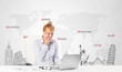 Beautiful businesswoman with world map and major landmarks of th