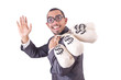 Man with money sacks on white