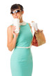 Glamorous girl in turquoise dress holds snacks