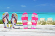 Flip-flops against ocean. Exuma, Bahamas
