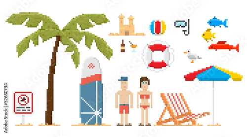 Vector: Pixel art style beach set. Vector illustration. Pixel art style beach set. Vector illustration.