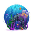 Illustration of underwater rocks with seaweed and fish fun.