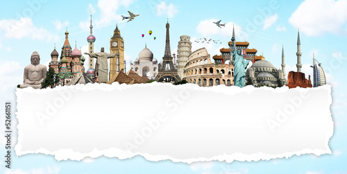 Illustration: Travel the world concept torned paper monument Travel the world concept torned paper monument
