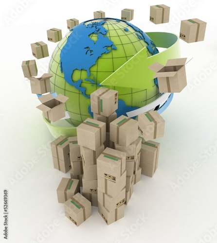 Illustration: 3d cardboard boxes around globe on white background 3d cardboard boxes around globe on white background