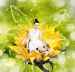 Beautiful brunette woman as summer fairy on sunflower