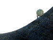 Tiny man pushing a ball of money up hill