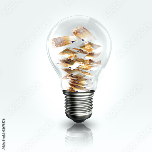 Photo: A light bulb with a Euro banknot inside A light bulb with a Euro banknot inside