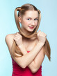 Freckled girl in red dress