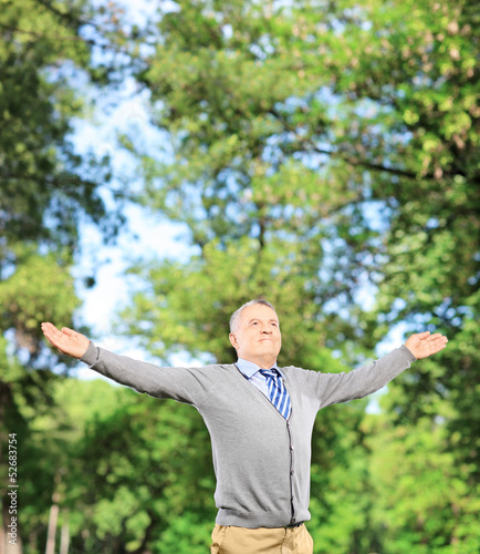 Photo: Happy gentleman spreading his arms and looking upwards in a park Happy gentleman spreading his arms and looking upwards in a park
