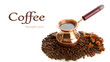 Coffee pot and coffee beans, isolated on white