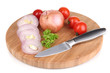 Onion cut with rings on wooden board isolated on white