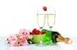 Romantic still life with champagne, strawberry and pink roses,