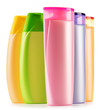 Plastic bottles of body care and beauty products