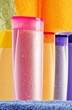 Plastic bottles of body care and beauty products
