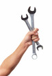 Hand of auto mechanic with wrench.