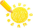 Yellow cartoon pencil with doodle sun