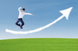 Businessman success jump over arrow cloud