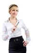 Businesswoman with pen in black skirt