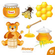 Set of honey, honeycomb, a bear, a pot of honey