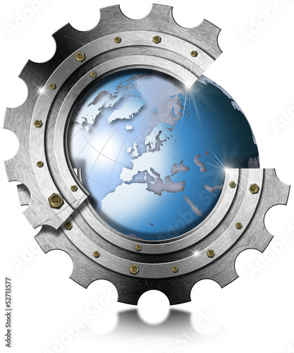 Illustration: Blue Earth Globe inside Big Metal Gear Blue Earth Globe inside Big Metal Gear