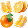orange fruits with leaf and slices on white. collection with cli