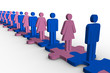 Line of blue and pink human forms standing over meshed jigsaw pi