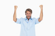 Happy man in shirt cheering