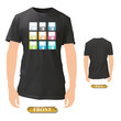 Colorful diskettes printed on black shirt.