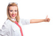 Young happy formal woman gesturing thumb up