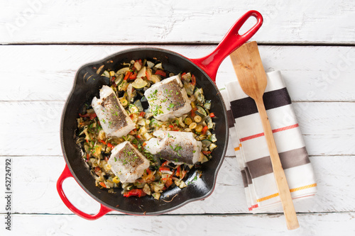 Photo: Pan of hake and vegetables Pan of hake and vegetables