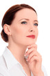 beautiful thoughtful woman, white background, copyspace